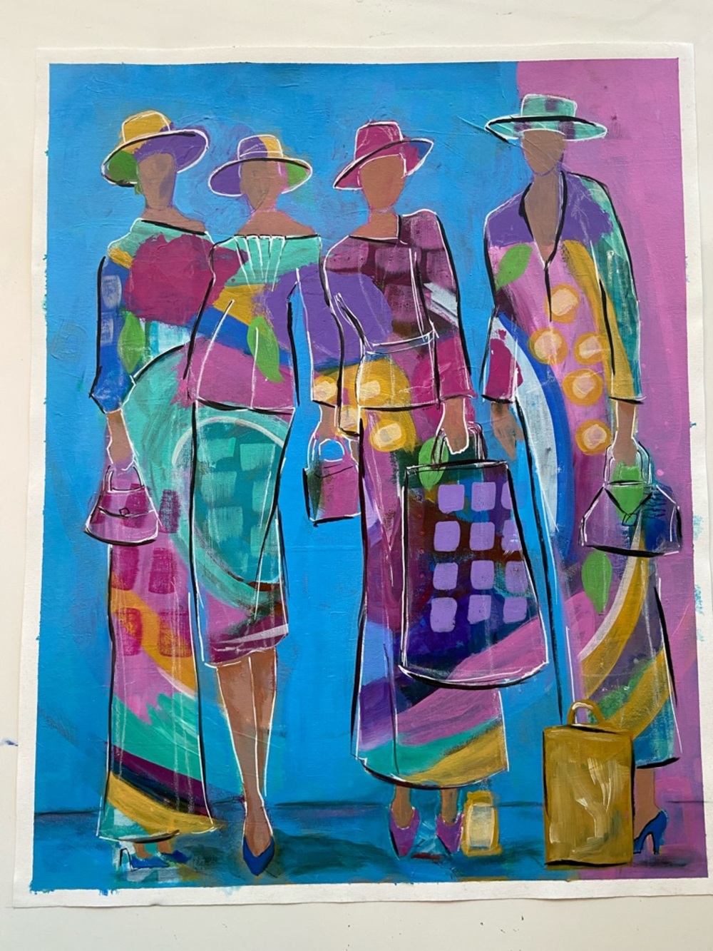 Colorful Original Acrylic Painting Ladies Strike A Pose on Canvas Sheet Wall Art